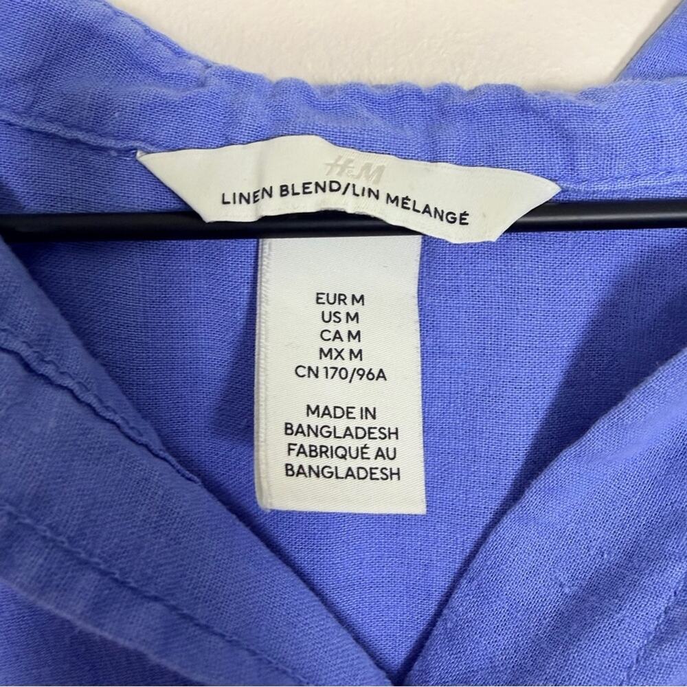 H&M Linen Blend Button Down Shirt Size M Blue Coastal Basic - Picture 4 of 7